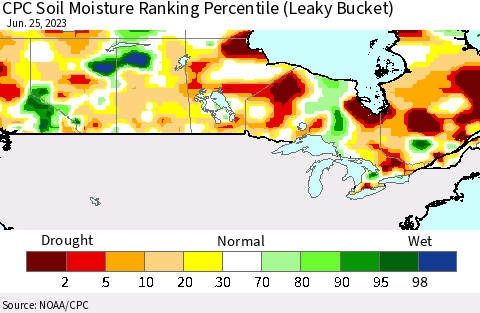 Canada CPC Soil Moisture Ranking Percentile (Leaky Bucket) Thematic Map For 6/21/2023 - 6/25/2023