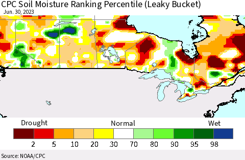 Canada CPC Soil Moisture Ranking Percentile (Leaky Bucket) Thematic Map For 6/26/2023 - 6/30/2023