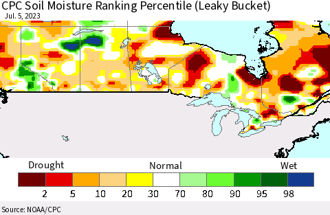 Canada CPC Soil Moisture Ranking Percentile (Leaky Bucket) Thematic Map For 7/1/2023 - 7/5/2023