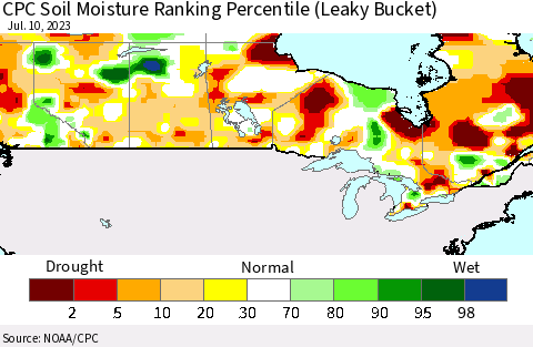 Canada CPC Soil Moisture Ranking Percentile (Leaky Bucket) Thematic Map For 7/6/2023 - 7/10/2023