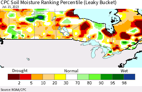 Canada CPC Soil Moisture Ranking Percentile (Leaky Bucket) Thematic Map For 7/11/2023 - 7/15/2023