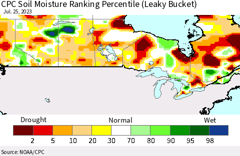 Canada CPC Soil Moisture Ranking Percentile (Leaky Bucket) Thematic Map For 7/21/2023 - 7/25/2023