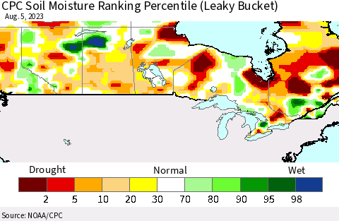 Canada CPC Soil Moisture Ranking Percentile (Leaky Bucket) Thematic Map For 8/1/2023 - 8/5/2023