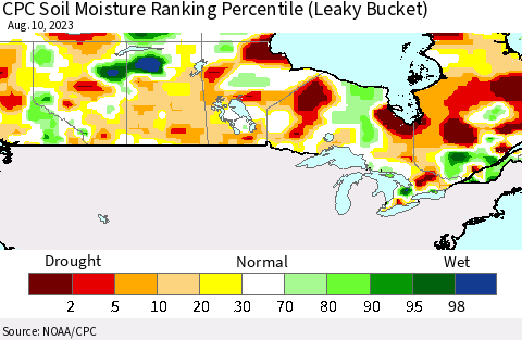 Canada CPC Soil Moisture Ranking Percentile (Leaky Bucket) Thematic Map For 8/6/2023 - 8/10/2023