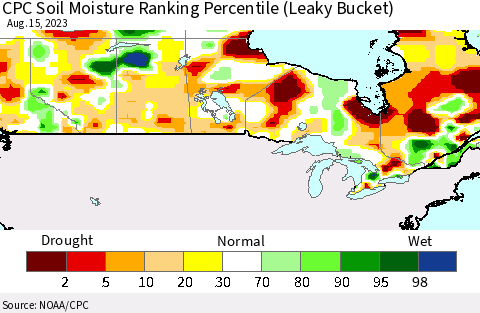 Canada CPC Soil Moisture Ranking Percentile (Leaky Bucket) Thematic Map For 8/11/2023 - 8/15/2023