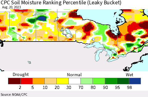 Canada CPC Soil Moisture Ranking Percentile (Leaky Bucket) Thematic Map For 8/16/2023 - 8/20/2023