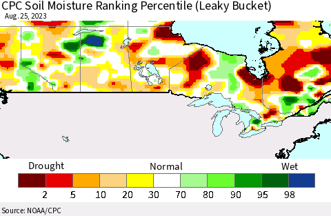 Canada CPC Soil Moisture Ranking Percentile (Leaky Bucket) Thematic Map For 8/21/2023 - 8/25/2023