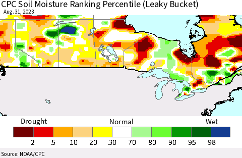 Canada CPC Soil Moisture Ranking Percentile (Leaky Bucket) Thematic Map For 8/26/2023 - 8/31/2023