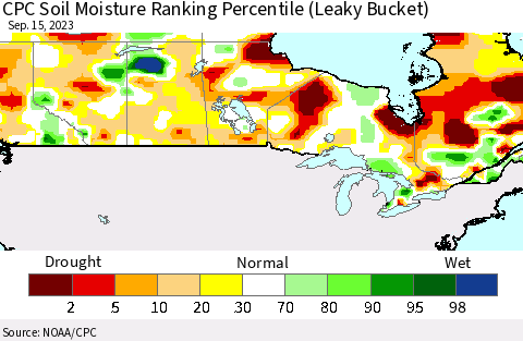 Canada CPC Soil Moisture Ranking Percentile (Leaky Bucket) Thematic Map For 9/11/2023 - 9/15/2023