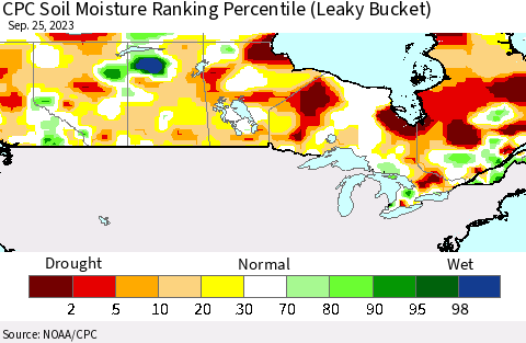 Canada CPC Soil Moisture Ranking Percentile (Leaky Bucket) Thematic Map For 9/21/2023 - 9/25/2023