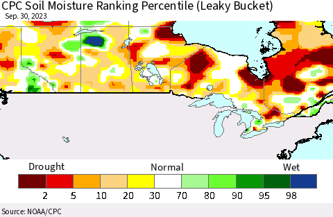 Canada CPC Soil Moisture Ranking Percentile (Leaky Bucket) Thematic Map For 9/26/2023 - 9/30/2023
