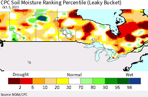 Canada CPC Soil Moisture Ranking Percentile (Leaky Bucket) Thematic Map For 10/1/2023 - 10/5/2023