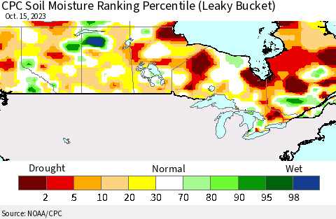 Canada CPC Soil Moisture Ranking Percentile (Leaky Bucket) Thematic Map For 10/11/2023 - 10/15/2023