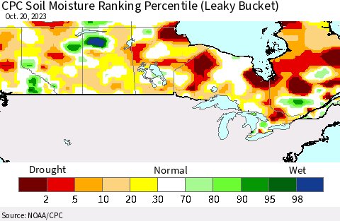 Canada CPC Soil Moisture Ranking Percentile (Leaky Bucket) Thematic Map For 10/16/2023 - 10/20/2023