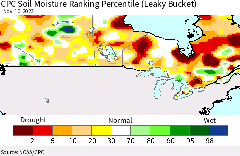 Canada CPC Soil Moisture Ranking Percentile (Leaky Bucket) Thematic Map For 11/6/2023 - 11/10/2023