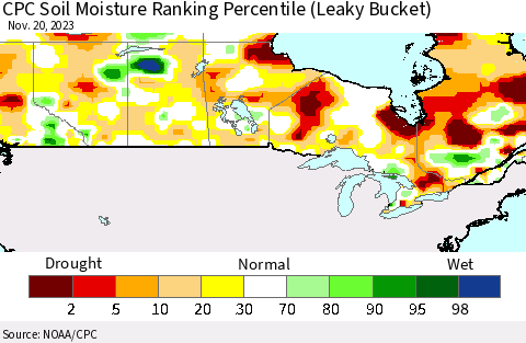 Canada CPC Soil Moisture Ranking Percentile (Leaky Bucket) Thematic Map For 11/16/2023 - 11/20/2023
