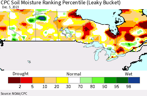 Canada CPC Soil Moisture Ranking Percentile (Leaky Bucket) Thematic Map For 12/1/2023 - 12/5/2023
