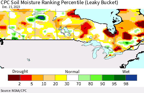 Canada CPC Soil Moisture Ranking Percentile (Leaky Bucket) Thematic Map For 12/11/2023 - 12/15/2023