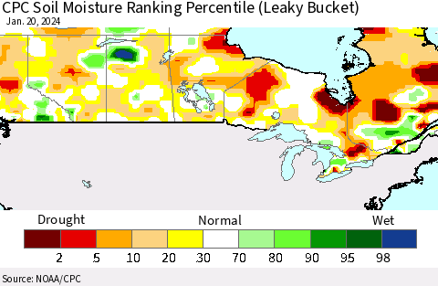 Canada CPC Soil Moisture Ranking Percentile (Leaky Bucket) Thematic Map For 1/16/2024 - 1/20/2024