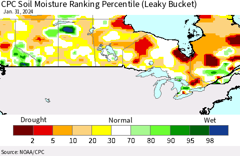 Canada CPC Soil Moisture Ranking Percentile (Leaky Bucket) Thematic Map For 1/26/2024 - 1/31/2024