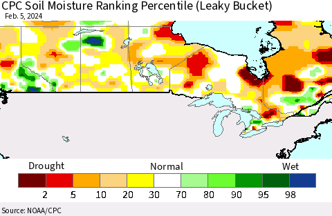 Canada CPC Soil Moisture Ranking Percentile (Leaky Bucket) Thematic Map For 2/1/2024 - 2/5/2024