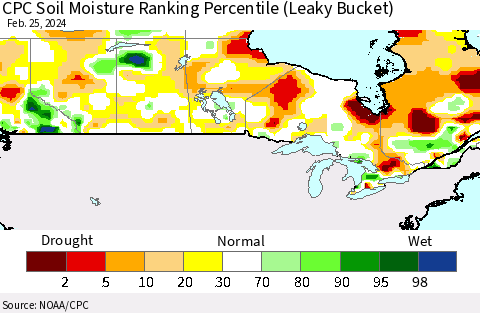 Canada CPC Soil Moisture Ranking Percentile (Leaky Bucket) Thematic Map For 2/21/2024 - 2/25/2024