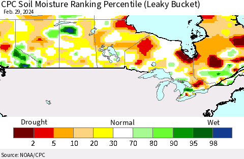 Canada CPC Soil Moisture Ranking Percentile (Leaky Bucket) Thematic Map For 2/26/2024 - 2/29/2024