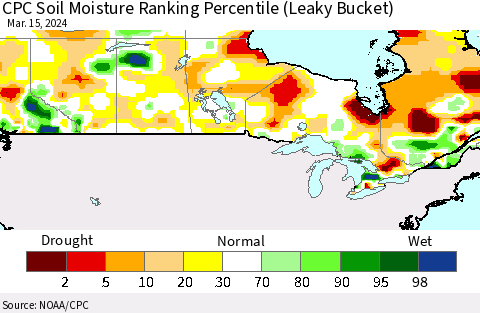 Canada CPC Soil Moisture Ranking Percentile (Leaky Bucket) Thematic Map For 3/11/2024 - 3/15/2024