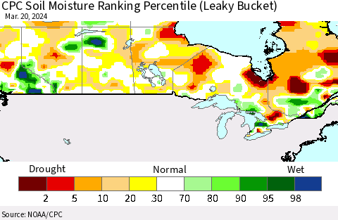 Canada CPC Soil Moisture Ranking Percentile (Leaky Bucket) Thematic Map For 3/16/2024 - 3/20/2024