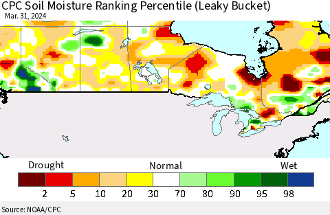 Canada CPC Soil Moisture Ranking Percentile (Leaky Bucket) Thematic Map For 3/26/2024 - 3/31/2024