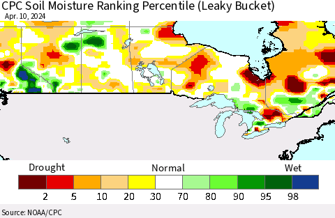 Canada CPC Soil Moisture Ranking Percentile (Leaky Bucket) Thematic Map For 4/6/2024 - 4/10/2024