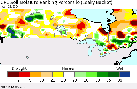 Canada CPC Soil Moisture Ranking Percentile (Leaky Bucket) Thematic Map For 4/11/2024 - 4/15/2024