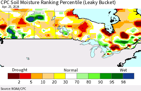 Canada CPC Soil Moisture Ranking Percentile (Leaky Bucket) Thematic Map For 4/21/2024 - 4/25/2024