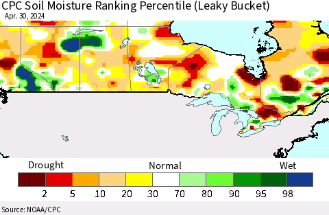 Canada CPC Soil Moisture Ranking Percentile (Leaky Bucket) Thematic Map For 4/26/2024 - 4/30/2024