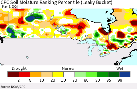 Canada CPC Soil Moisture Ranking Percentile (Leaky Bucket) Thematic Map For 5/1/2024 - 5/5/2024