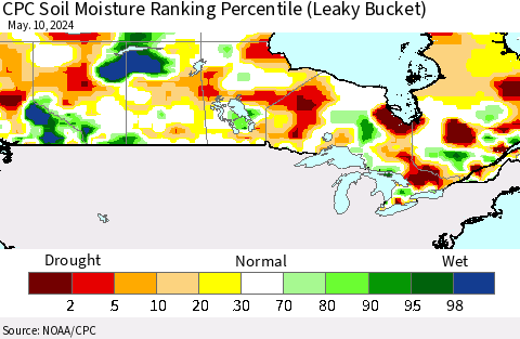 Canada CPC Soil Moisture Ranking Percentile (Leaky Bucket) Thematic Map For 5/6/2024 - 5/10/2024