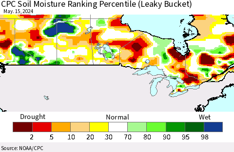 Canada CPC Soil Moisture Ranking Percentile (Leaky Bucket) Thematic Map For 5/11/2024 - 5/15/2024