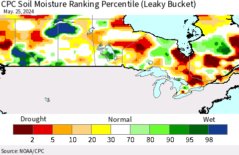 Canada CPC Soil Moisture Ranking Percentile (Leaky Bucket) Thematic Map For 5/21/2024 - 5/25/2024