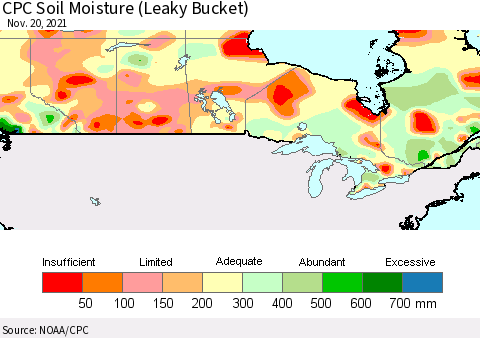Canada CPC Soil Moisture (Leaky Bucket) Thematic Map For 11/16/2021 - 11/20/2021