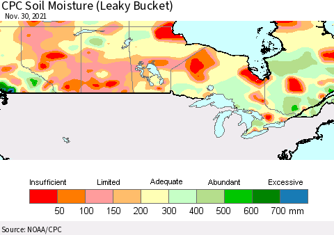 Canada CPC Soil Moisture (Leaky Bucket) Thematic Map For 11/26/2021 - 11/30/2021