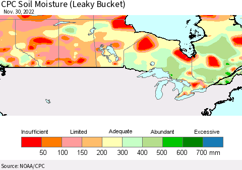 Canada CPC Soil Moisture (Leaky Bucket) Thematic Map For 11/26/2022 - 11/30/2022