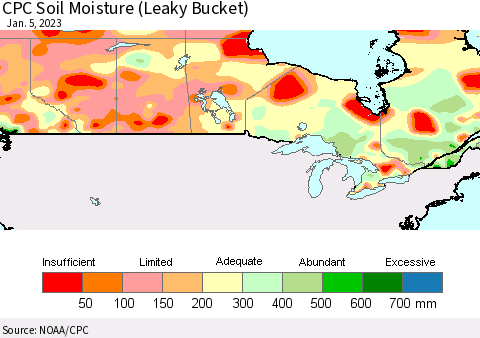 Canada CPC Soil Moisture (Leaky Bucket) Thematic Map For 1/1/2023 - 1/5/2023