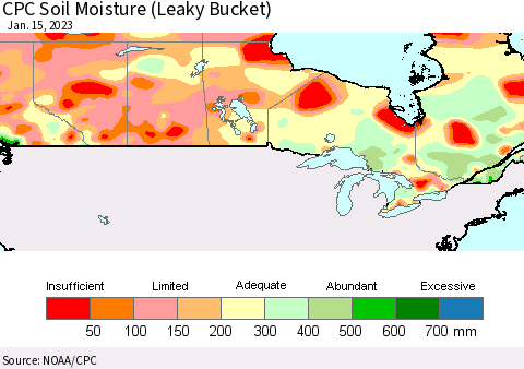 Canada CPC Soil Moisture (Leaky Bucket) Thematic Map For 1/11/2023 - 1/15/2023