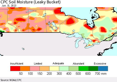Canada CPC Soil Moisture (Leaky Bucket) Thematic Map For 1/26/2023 - 1/31/2023