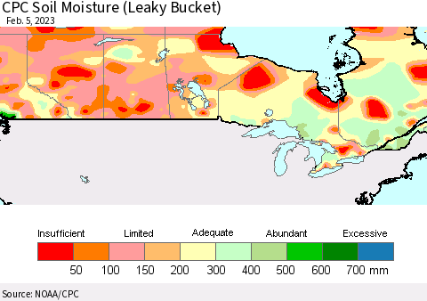 Canada CPC Soil Moisture (Leaky Bucket) Thematic Map For 2/1/2023 - 2/5/2023