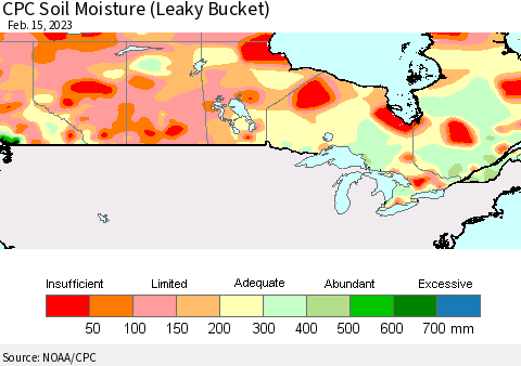 Canada CPC Soil Moisture (Leaky Bucket) Thematic Map For 2/11/2023 - 2/15/2023