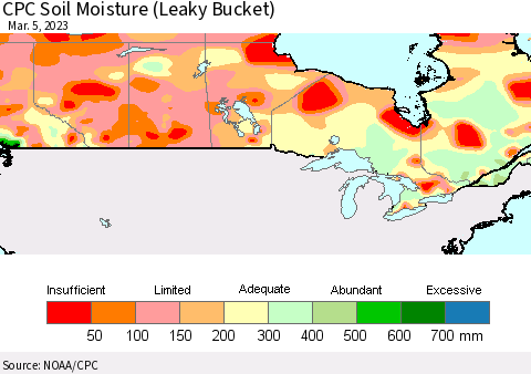 Canada CPC Soil Moisture (Leaky Bucket) Thematic Map For 3/1/2023 - 3/5/2023