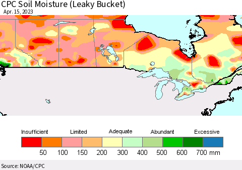 Canada CPC Soil Moisture (Leaky Bucket) Thematic Map For 4/11/2023 - 4/15/2023