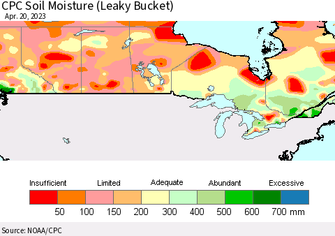 Canada CPC Soil Moisture (Leaky Bucket) Thematic Map For 4/16/2023 - 4/20/2023