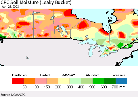 Canada CPC Soil Moisture (Leaky Bucket) Thematic Map For 4/21/2023 - 4/25/2023